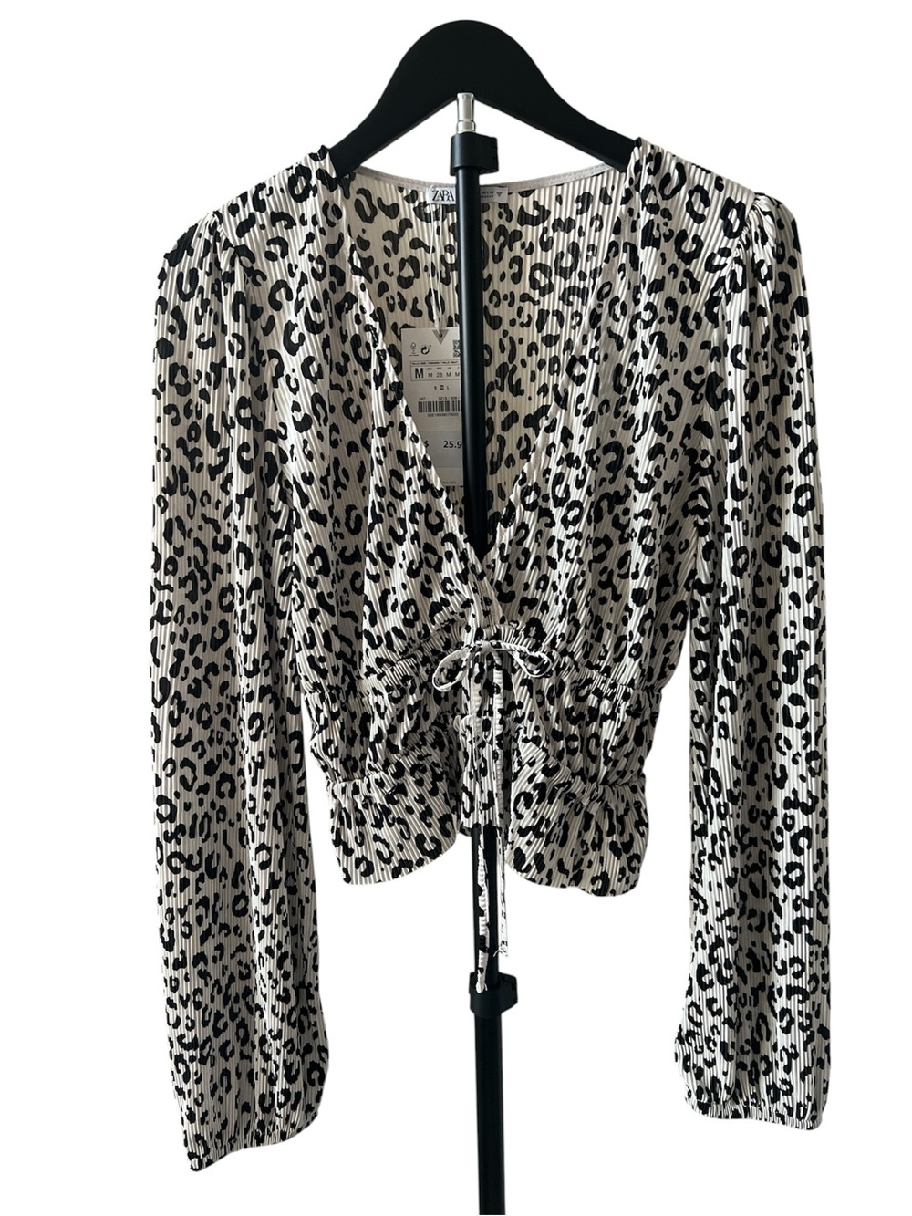 Zara Black and White Leopard-Print Drawstring V-Neck Blouse M